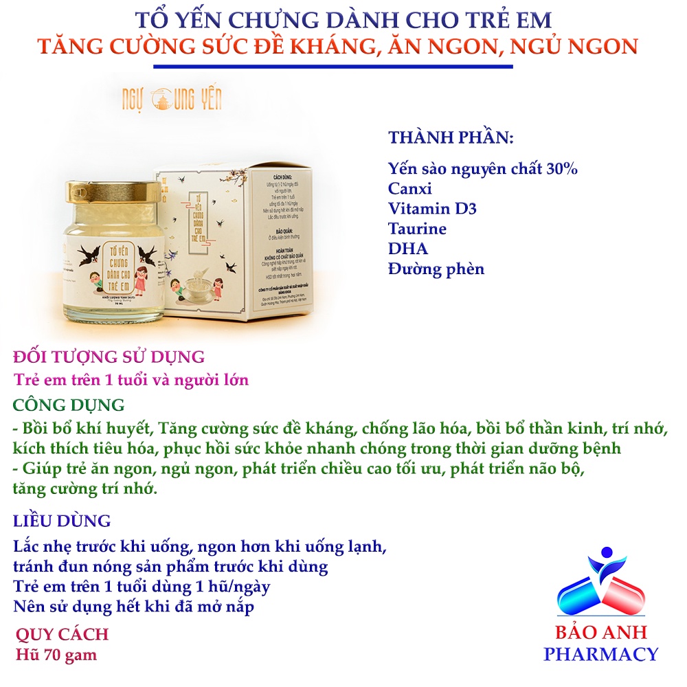 [Yến Sào Ngự Cung Yến] Tổ yến chưng dành cho trẻ em từ 1 tuổi trở lên, Yến sào nguyên chất 30%, lọ 70g