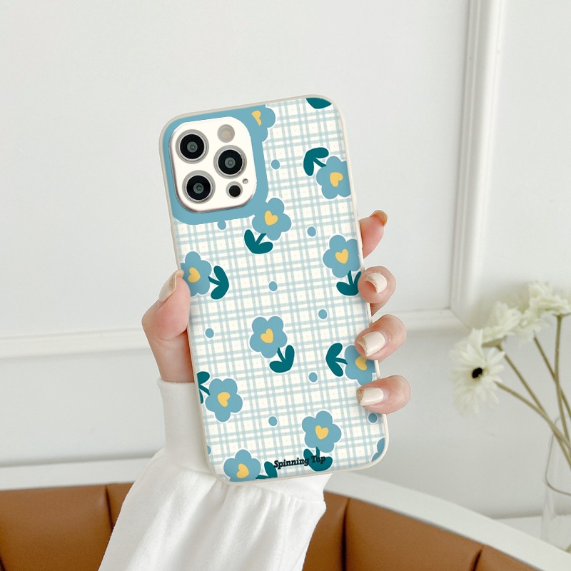 Ốp iphone - Ốp lưng iphone cạnh vuông bảo vệ camera hoa xanh caro dành cho ip 6 đến 14promax - ng316