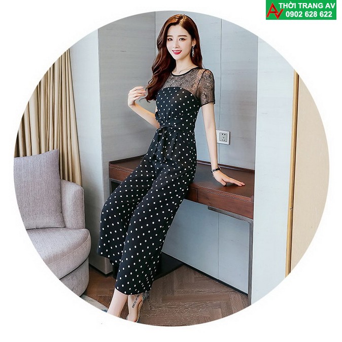 Jumpsuit - Đồ bay lửng ống rộng phối ren thắt nơ eo cực xinh - AV5947