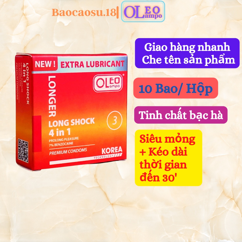 Bao cao su OLEO LAMPO LONG SOCK 4in1 (3bao/hộp). Bao cao su siêu mỏng, gân gai, kéo dài thời gian quan hệ.