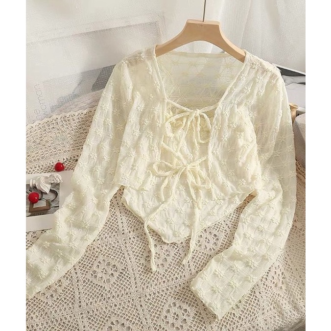 set áo ren khoác cardigan buộc dây kèm áo yếm 2s trong  xinh xắn hàng Quảng châu (có sẵn )