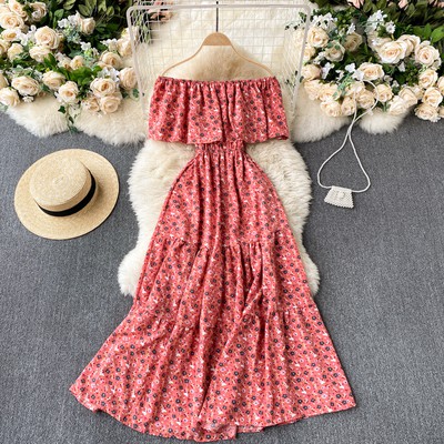 Đầm maxi hoa nhí trễ vai váy vai ngang đi biển sang chảnh Đ505