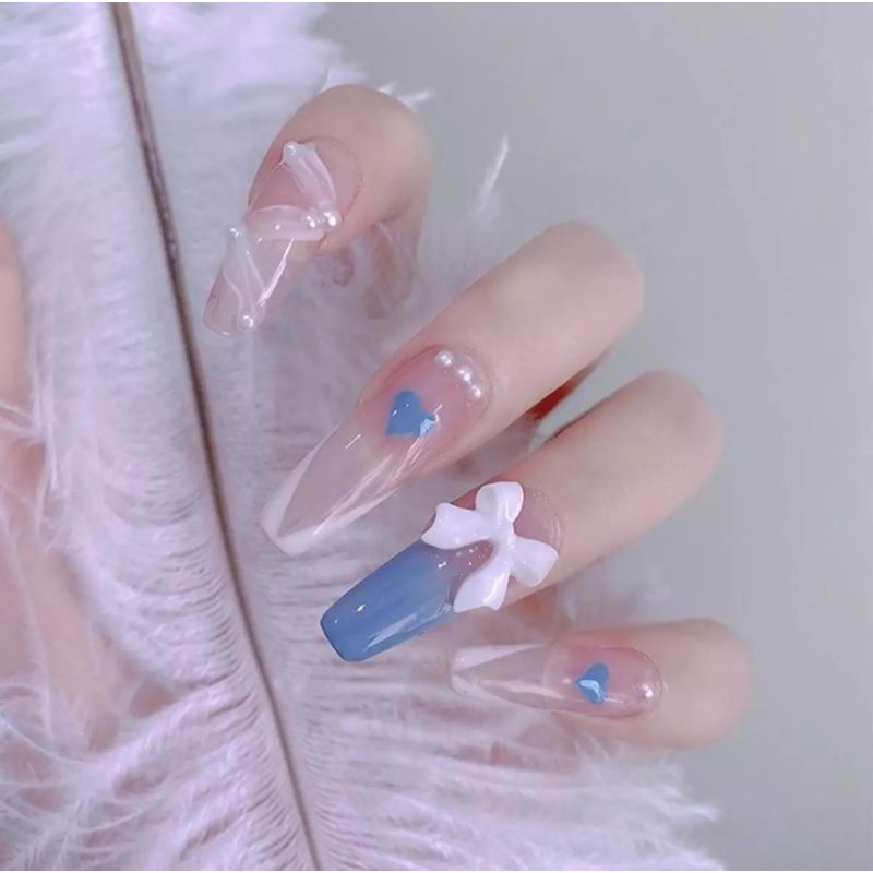 Móng giả thiết kế Quỳnh Quỳnh Nail hộp 10 móng kèm keo dũa màu xanh nhạt đính nơ