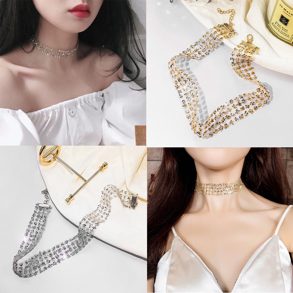 Vòng Cổ Choker Bản To Đính Kim Sa Lấp Lánh