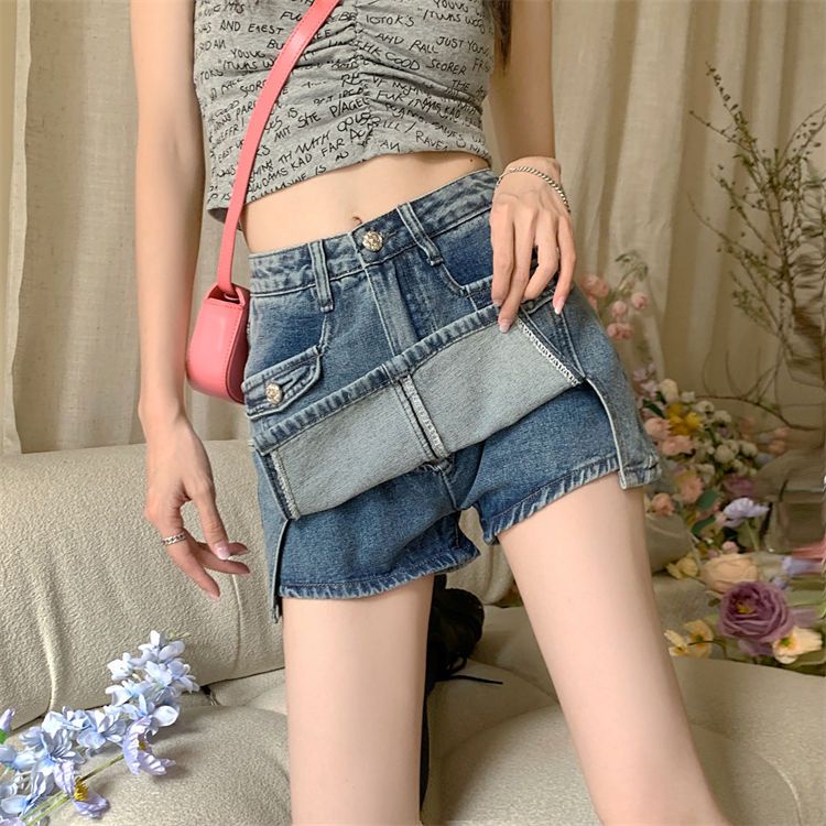 Jiashucheng Chân Váy Denim Mini Lưng Cao Xẻ Tà Phong Cách Mới Cho Nữ