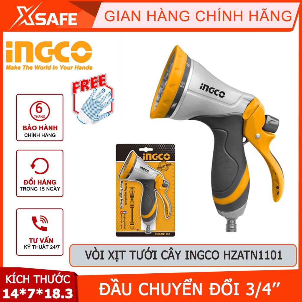 Vòi xịt tưới cây INGCO HZATN1101 Vòi xịt đa năng đầu chuyển đổi 10 chế độ phun, chất liệu TPR, ABS, hợp kim nhôm kẽm