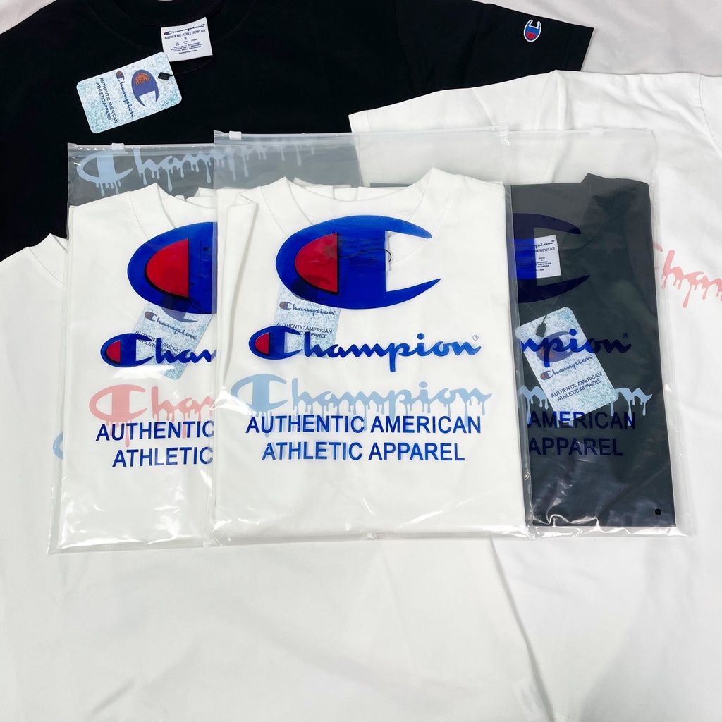 Áo thun Champion Unisex tay lỡ nam nữ Logo in chữ chảy màu Phong Shop