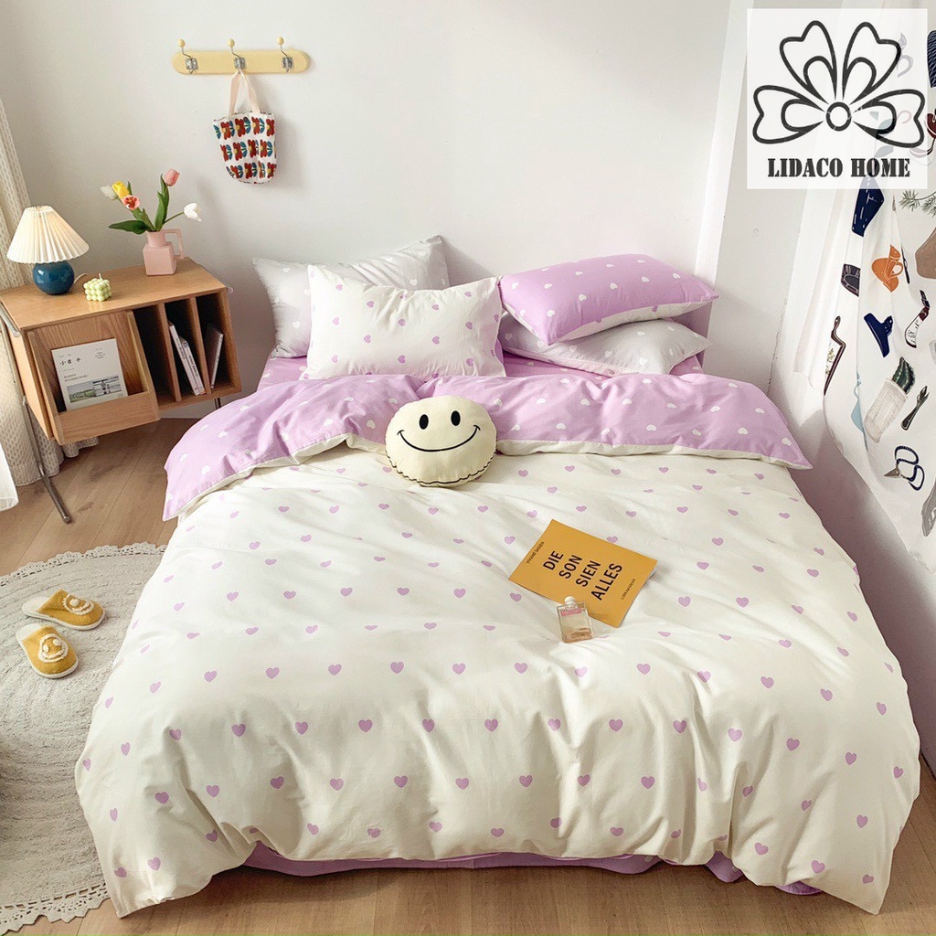 Bộ vỏ chăn ga gối cotton poly 2 mặt Lidaco decor phòng ngủ vintage - Tim tím trắng
