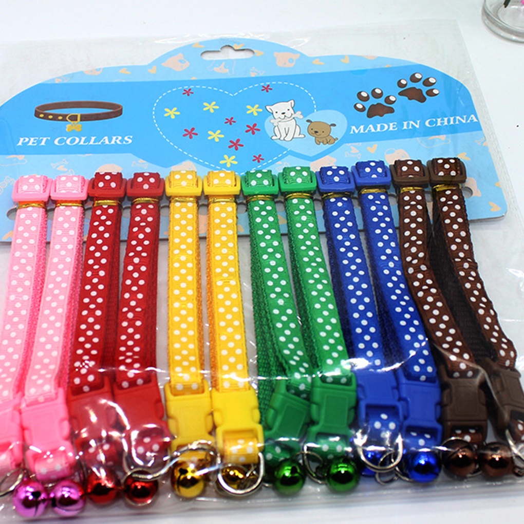 [double]Small Pet Nylon Patch Copper Bell Collar Adjustable Colorful Choker Dot Pattern Pet Necklace