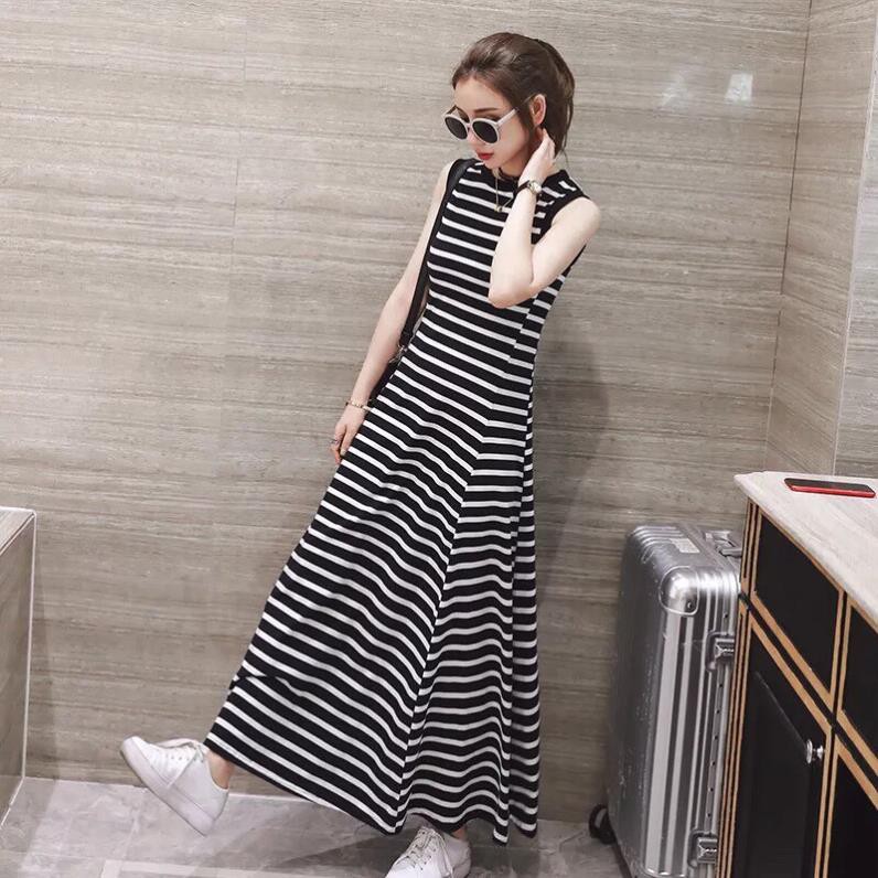 [TRỢ GIÁ[ Đầm Maxi Thun Sọc Viền Bo, Đầm Maxi