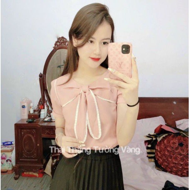 Áo Kiểu Chất Đũi Ngắn Tay Cổ Áo Phối Nơ Viền Ren