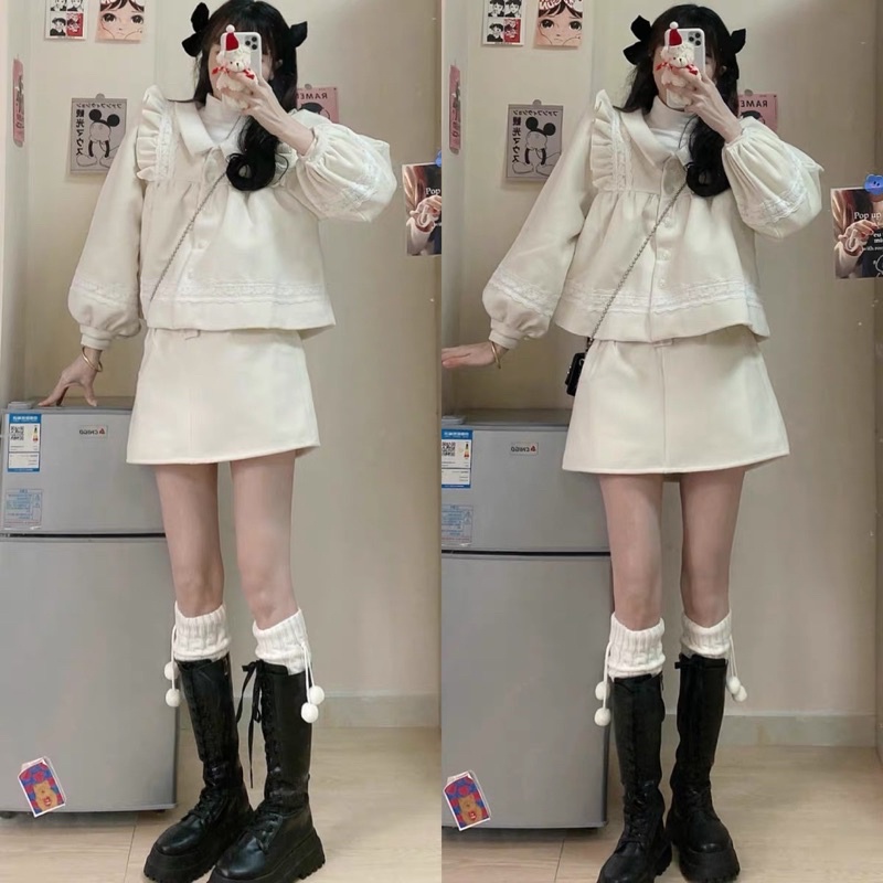 Set Áo Tay Dài Bồng Dáng Babydoll Cổ Bẻ Và Chân Váy Chữ A Xinh Xắn