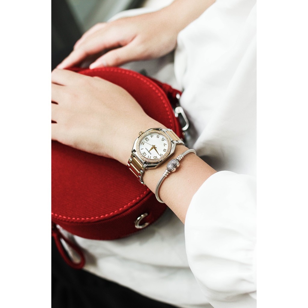 Đồng hồ Romanson Watch RM1208QLCWH nữ mặt khảm trai đính đá kính chống xước máy Thụy Sĩ chống nước dây thép chính hãng