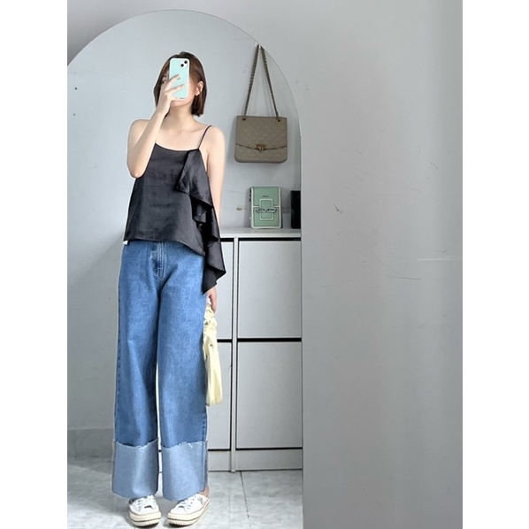 Set áo camisole Dottie áo dạ tweet nữ tay dài và quần jean ống rộng xắn lai hàn quốc vải tweet hai lớp dày dặn