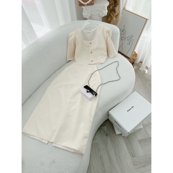 SET CROP NUDE CỔ VUÔNG + CHÂN VÁY MIDI SET RETRO