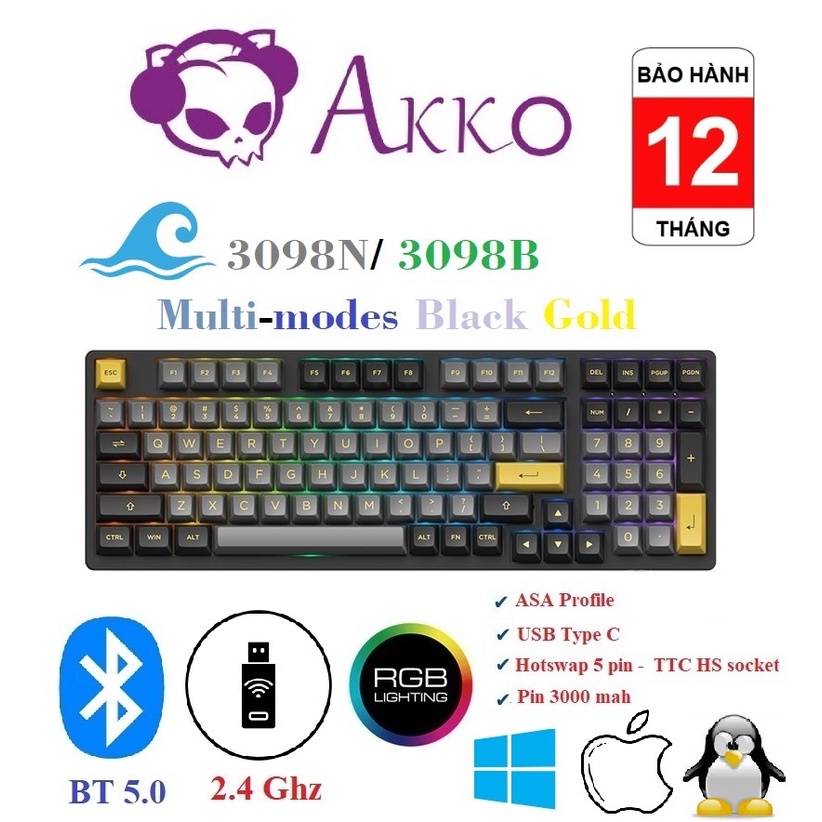 Phím cơ không dây AKKO 3098N/ 3098B Multi-modes Black Gold RGB/ BT 5.0 / Wireless 2.4Ghz / Hotswap