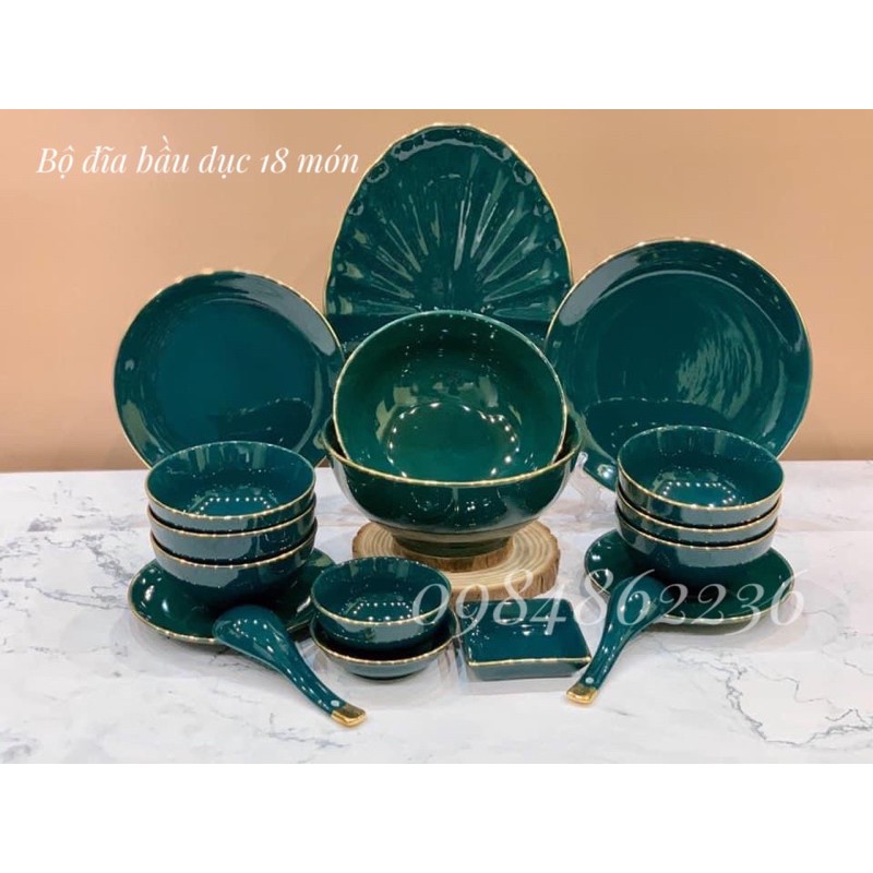 [GỐM SỨ BÁT TRÀNG] Bộ bát đĩa sứ xanh cổ vịt viền vàng Bát Tràng- Bộ bát đĩa Bát Tràng cao cấp