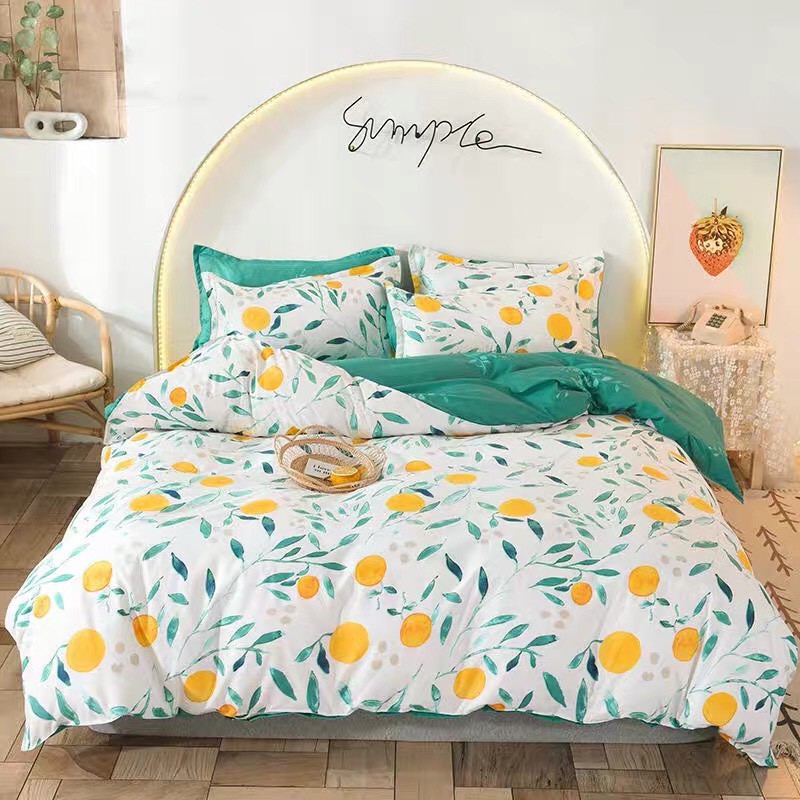 Bộ Chăn Ga gối cotton poly Emmidecor - mẫu quả cam nền xanh