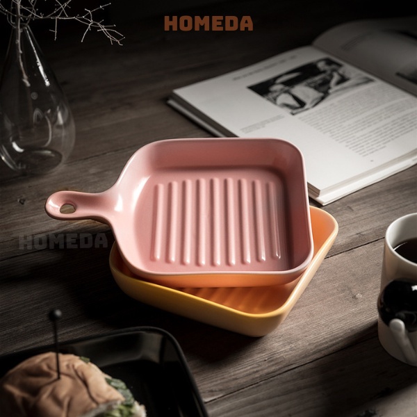 Đĩa sứ dễ thương hình vuông cao cấp dùng được trong lò vi sóng lò nướng Homeda
