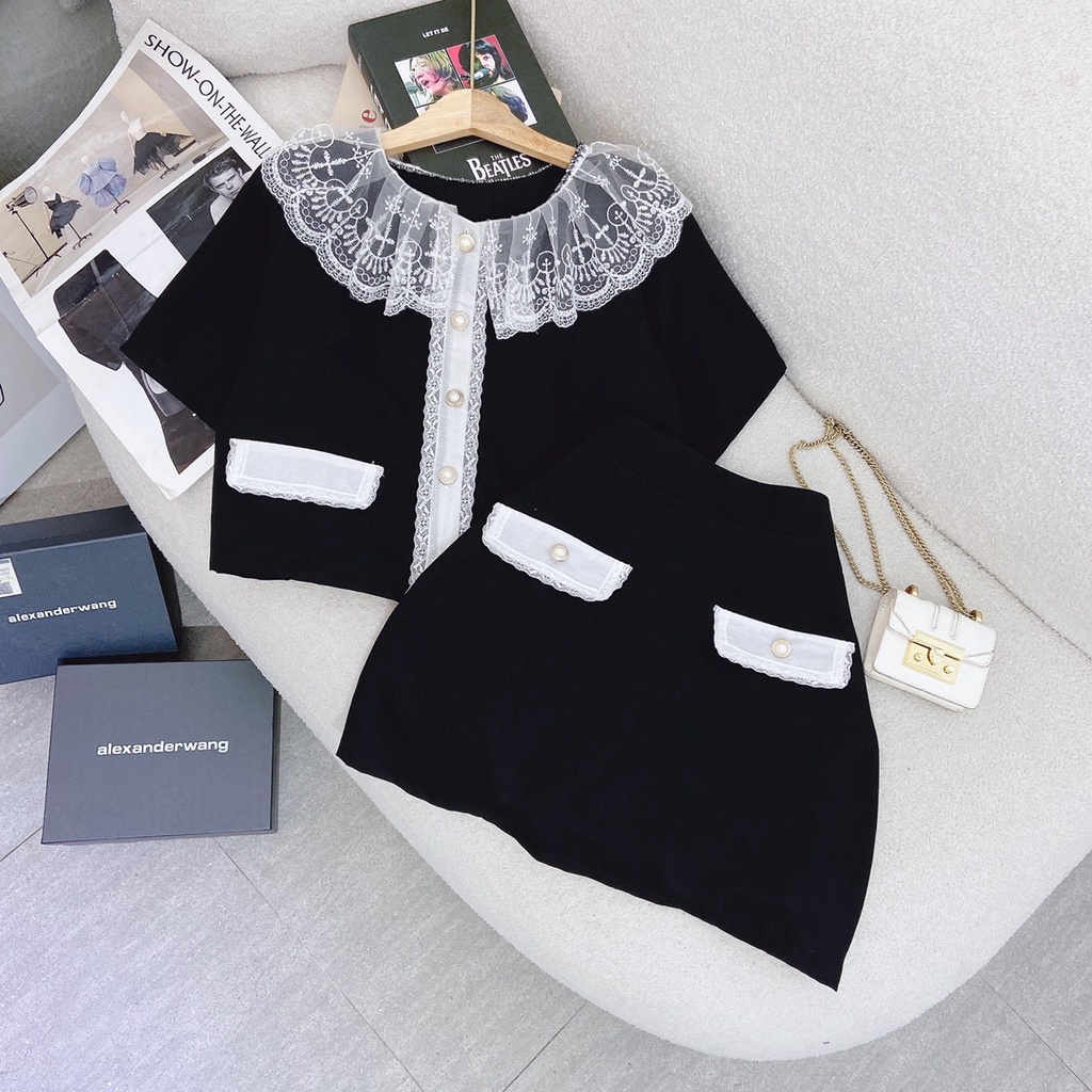 SET ÁO ĐEN CỔ VOAN REN HOA TRẮNG + CHÂN VÁY