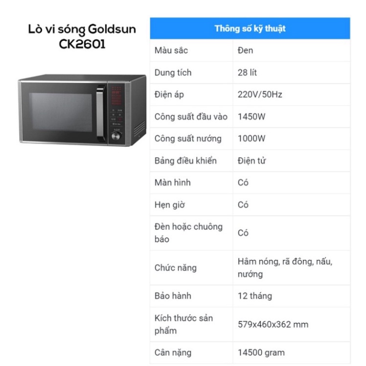 Lò vi sóng Goldsun CK2601 lò vi ba mini 28L đa dạng chức năng nấu tiết kiệm điện an toàn sử dụng vệ sinh dễ dàng