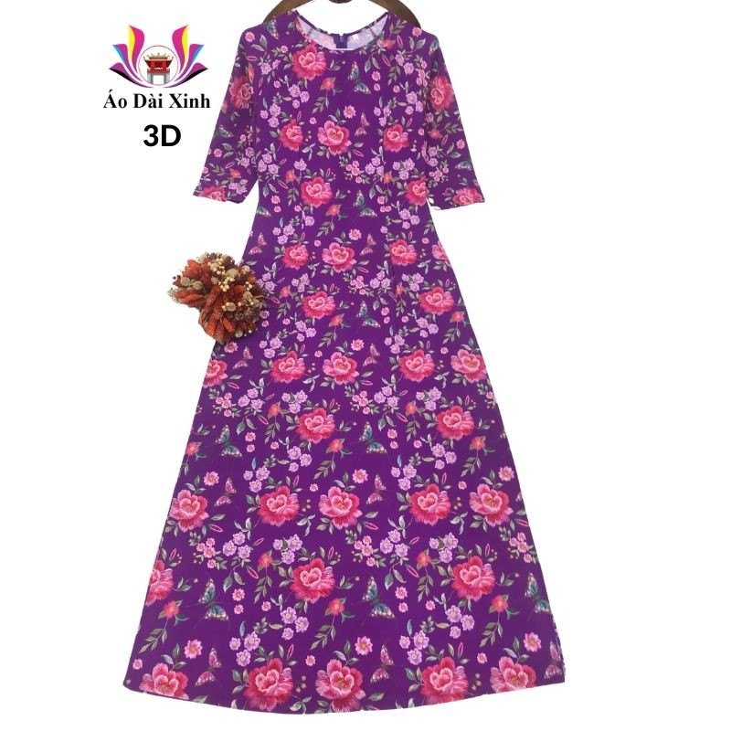 Áo dài truyền thống in 3D cổ tròn tay lỡ màu tím hoa hồng to