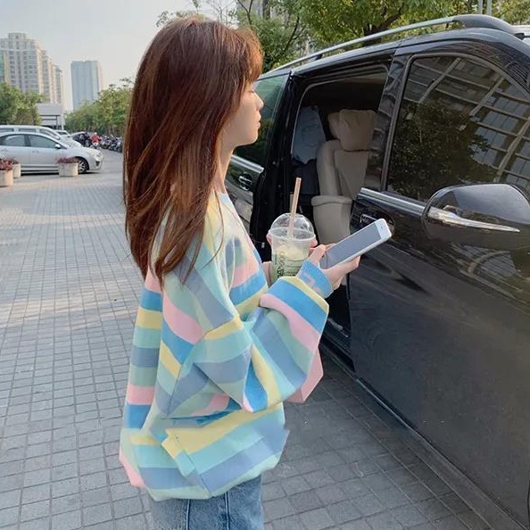 MỚI Áo hoodie sọc cầu vồng cổ tròn tay dài