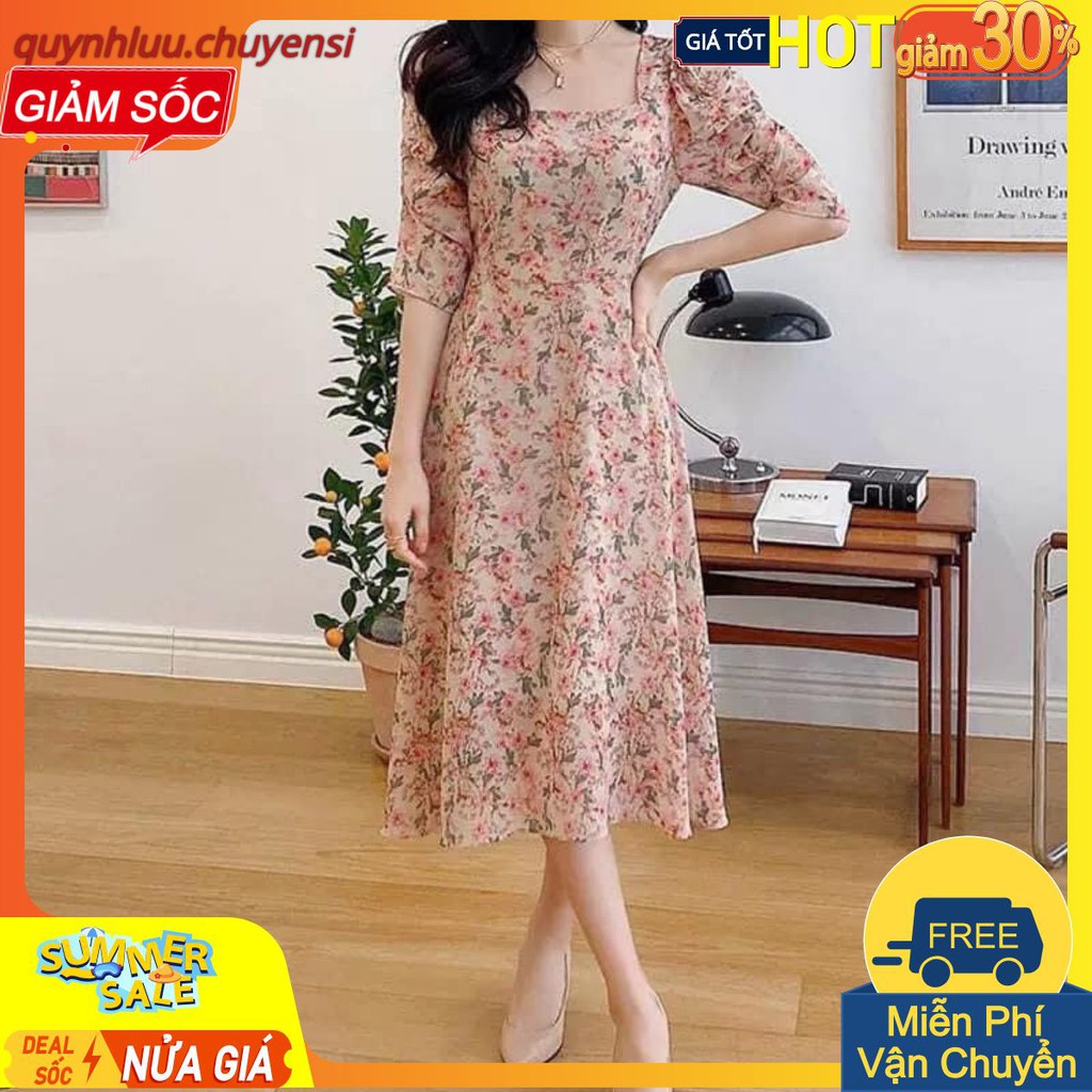 VN73 - VÁY HOA HỒNG CỔ VUÔNG TAY CHUN NỮ