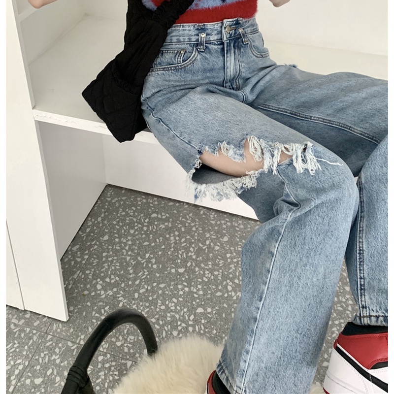 Quần Jeans Nữ Ống Rộng Rách Gối Thời Trang