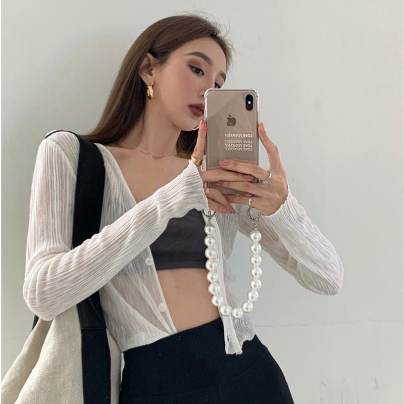 Áo Khoác Cardigan Tay Dài Cổ Chữ V Vải Lụa Mát Thời Trang Thanh Lịch Cho Nữ