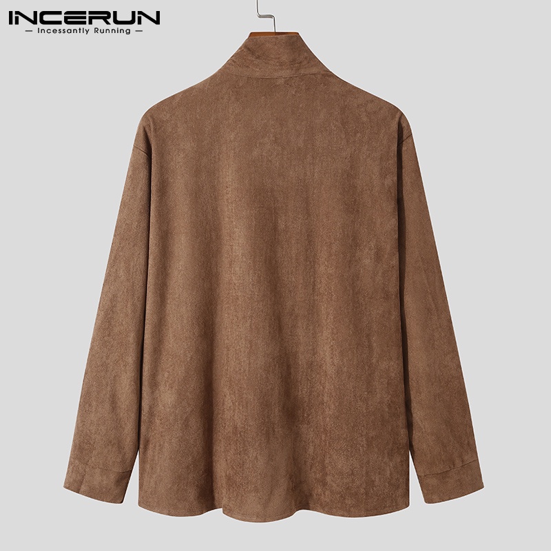 Áo INCERUN Dáng Rộng Tay Dài Cổ Phối Dây Thắt Màu Trơn Thời Trang Cho Nam