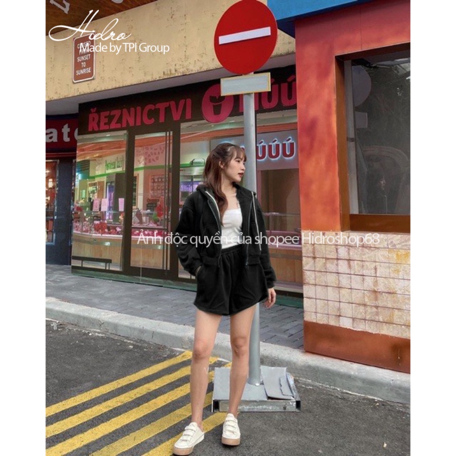 Set hoodie nỉ kéo khóa có mũ mix quần short nữ phong cách thể thao khỏe khoắn