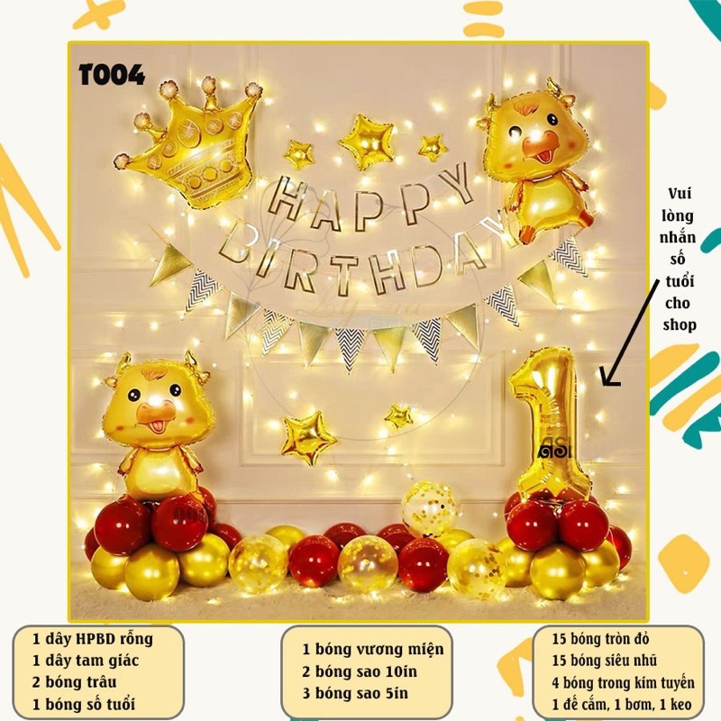 Set Bóng Trang Trí Sinh Nhật Bé - Mẫu Trâu Vàng - Bong Bóng Sinh Nhật