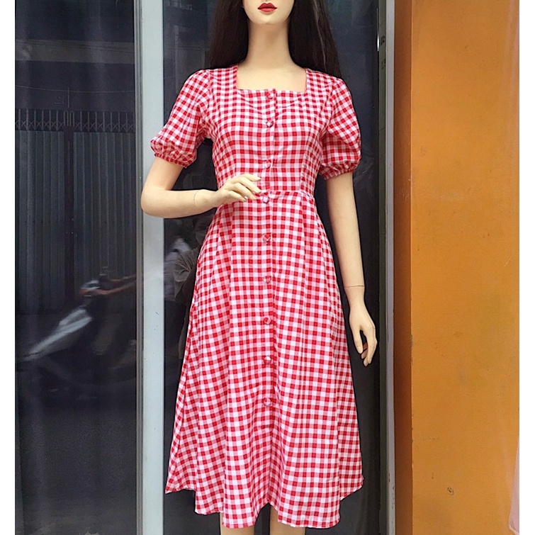 Đầm váy caro đỏ nút bọc xuongvnxk