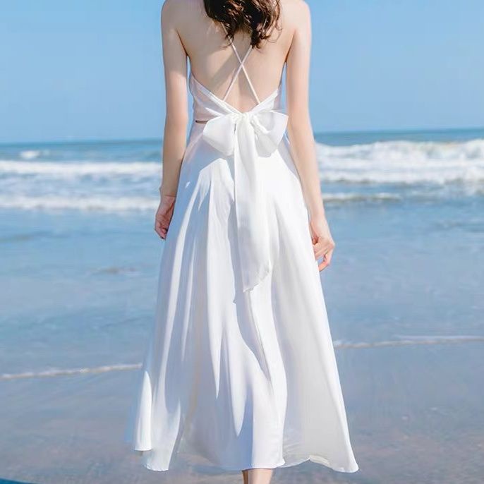 Đầm Dài Hai Dây Màu Trắng Chất Liệu Chiffon Thời Trang Đi Biển Cho Nữ