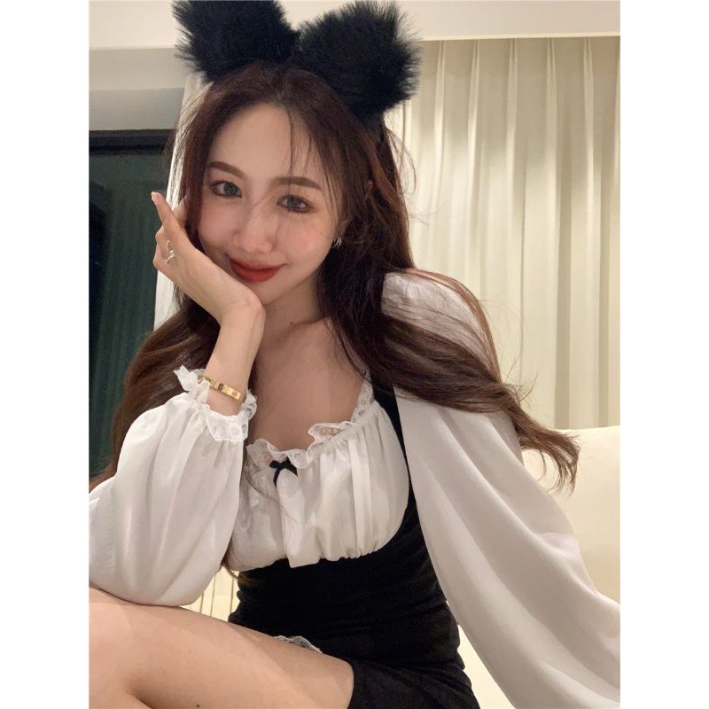 [ORDER] Đầm ulzzang dáng ngắn tay dài xẻ đùi siêu xinh