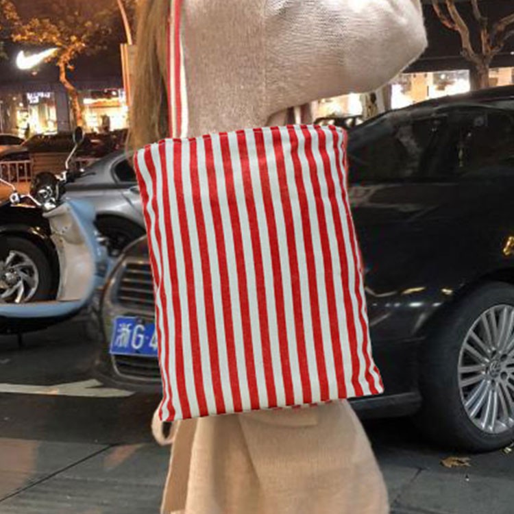 [Hình Thật]Túi Vải Tote Dây Kéo Sọc Dọc Fashion