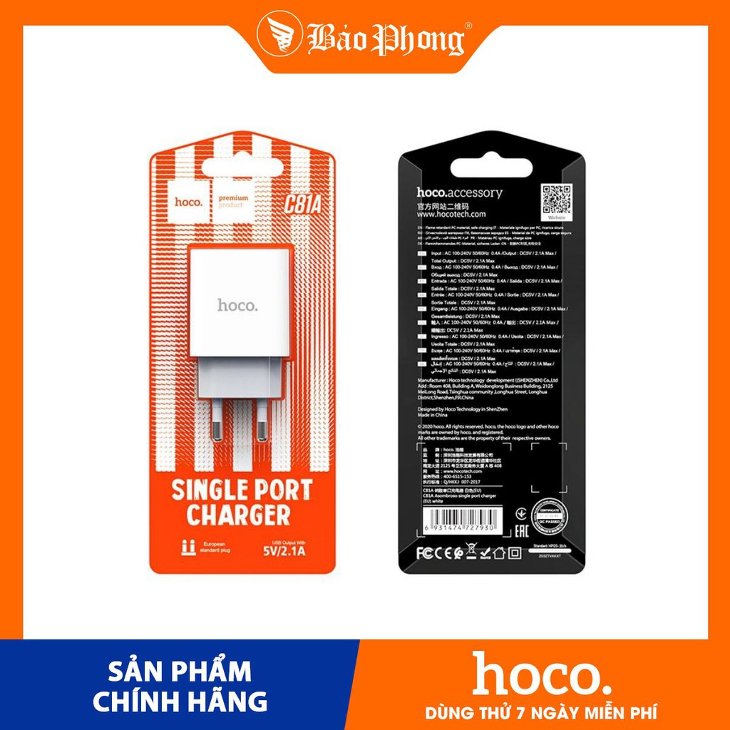 Bộ Củ sạc Hoco C81A  kèm cáp Type C và iPhone Dành cho điện thoại iP Xiaomi Huawei Samsung Oppo Realme Giá rẻ đẹp bền