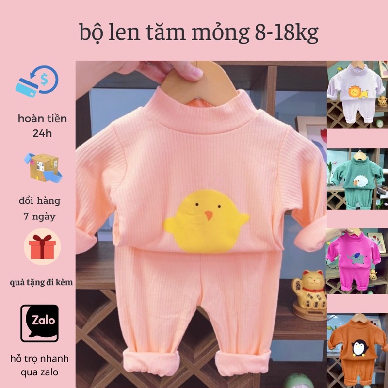 Bộ quần áo bé gái bé trai, chất liệu len tăm mỏng cổ 3 phân, co giãn thấm mồ hôi , in hình siêu xinh