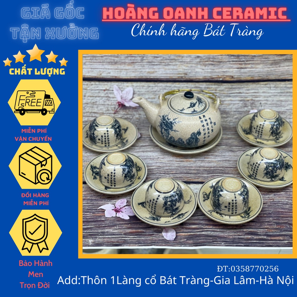 Ấm chén men rạn cổ Bát Tràng-bộ Trúc Lâm Thất Hiền, bộ Cổ Tự dưới gốc cây Tùng,bộ Nhị Cảnh Sơn Thuỷ quai đồng