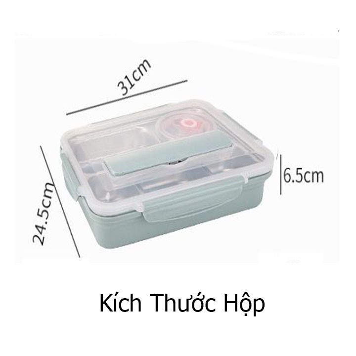 Hộp Cơm Văn Phòng Khay Inox 5 Ngăn Có Bát Để Canh Bọc Nhựa Bên Ngoài Giá Đỡ Điện Thoại Kèm Đũa Thìa