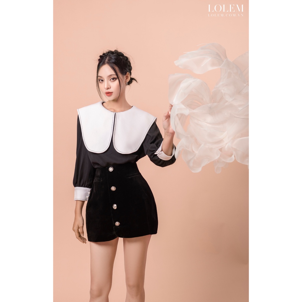 Chân váy chữ A LOLEM CVA038 có lót quần phối 4 nút bạc vải nhung mềm mịn
