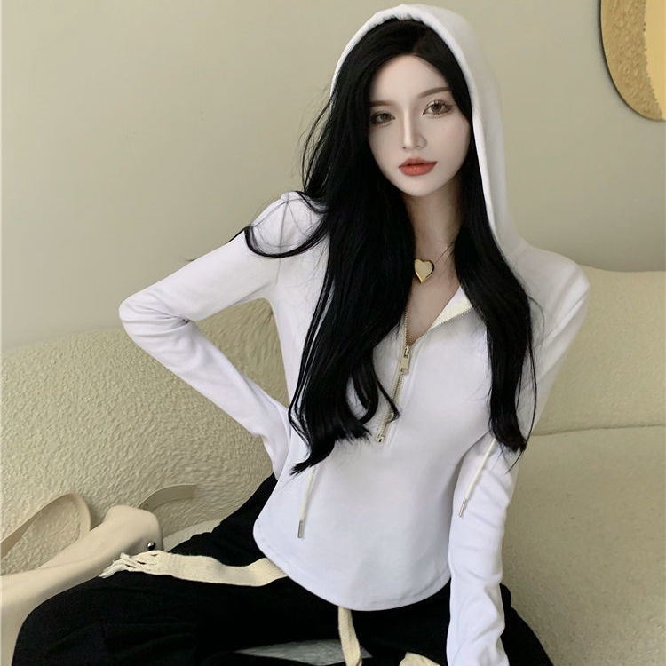 COZOK Áo thun hoodie tay dài phối khoá kéo