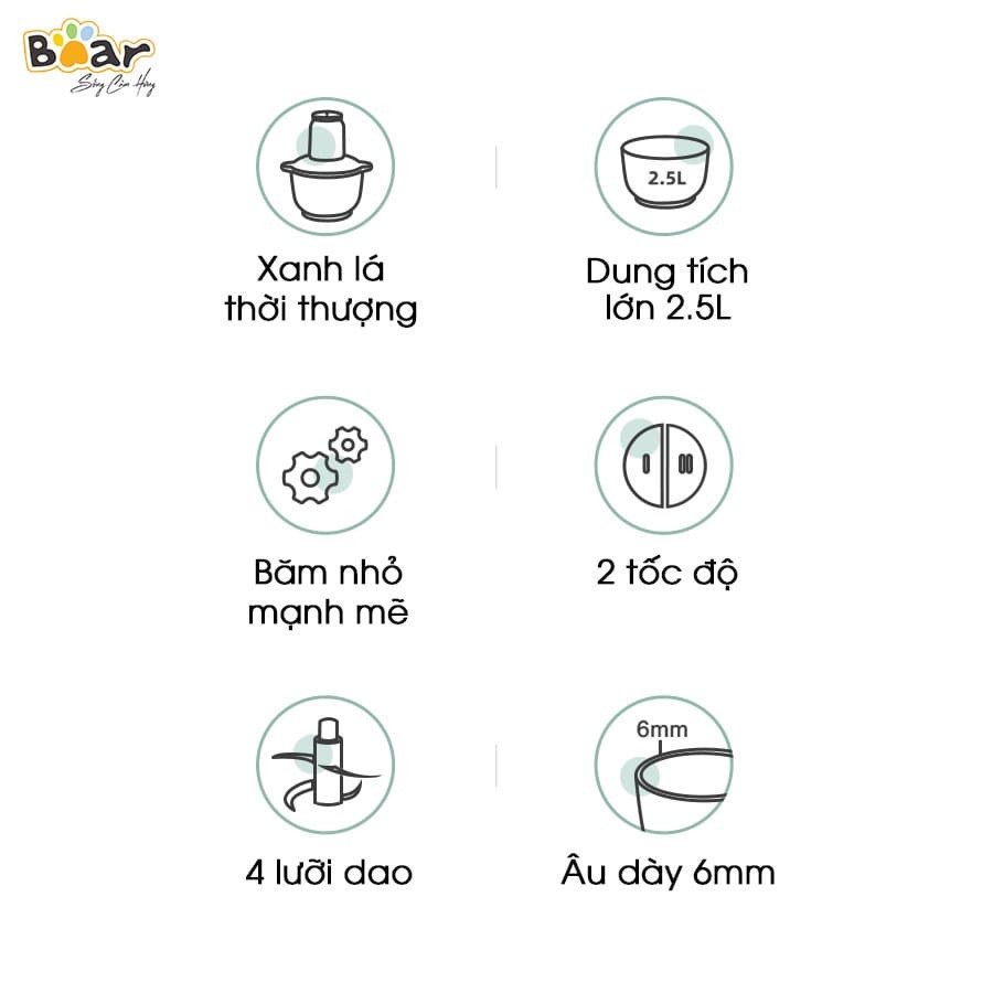 Máy xay thịt đa năng 2,5L Bear Xay thực phẩm đa năng, Xay Cua, chả cá, tỏi ớt, Hàng quốc tế bảo hành 18 tháng