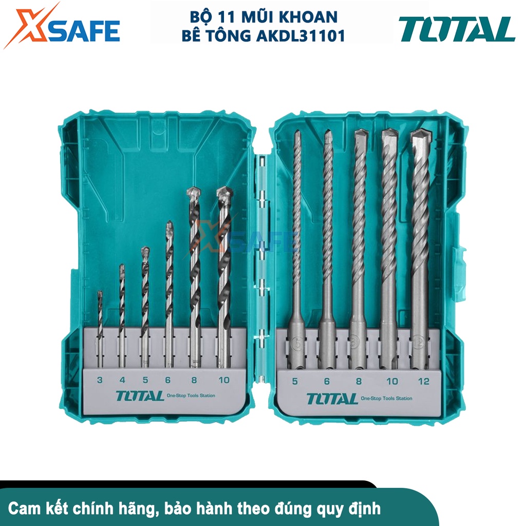 Bộ 11 mũi khoan bê tông đuôi trơn và đuôi gài TOTAL TACSDL31101 kích thước 3, 4, 5, 6, 8, 10,12mm - chính hãng