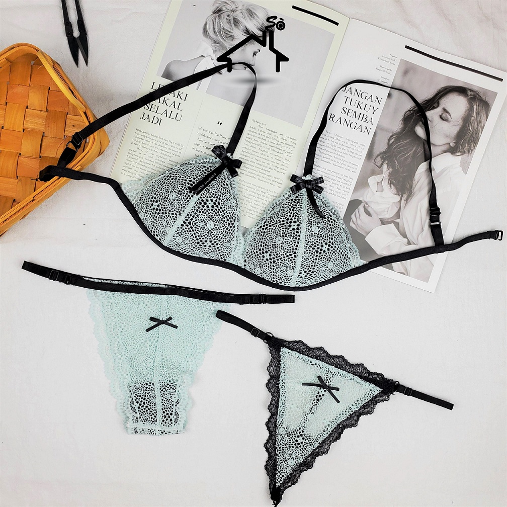 Bộ đồ lót ren sexy không gọng mút vừa gợi cảm hoa màu xanh quần dây/tam giác NHÀ SÒ Bralette NS024