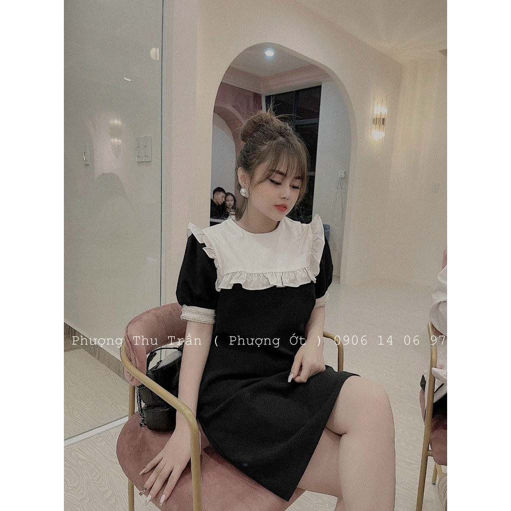 Đầm đen cổ trắng tay nút 10525