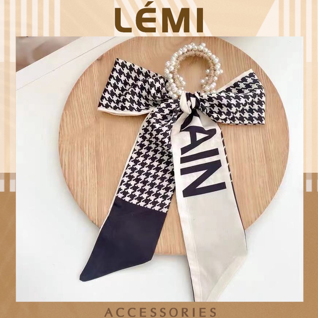 Dây buộc tóc đính nơ lụa vải satin caro thời trang nữ phong cách Hàn Quốc, Lemi accessories