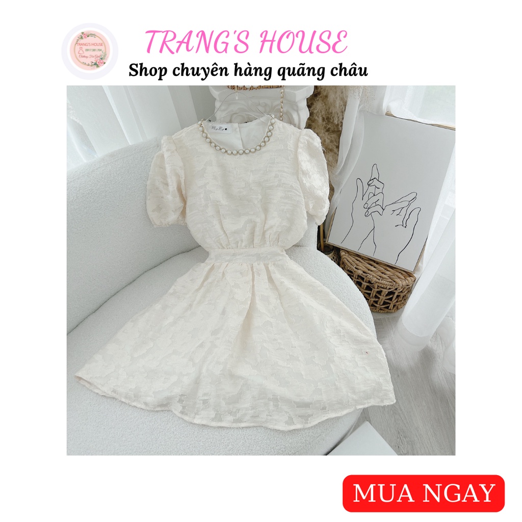 Đầm hoa nổi cổ ngọc tay phồng, nút sau lưng kèm nơ hở lưng XINH XẮN - Shop Trang Quãng Châu