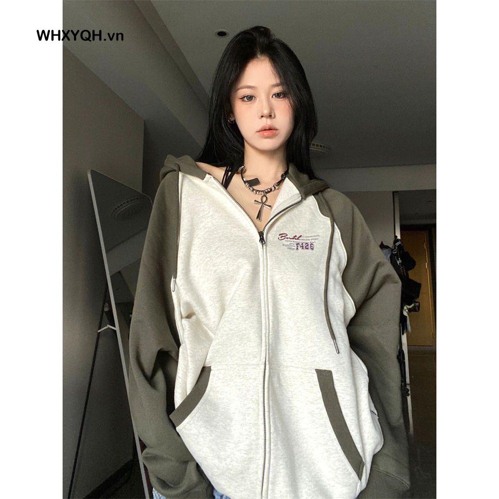 Áo Khoác Cardigan Có Mũ Trùm Phối Màu Tương Phản Phong Cách Mỹ Mới
